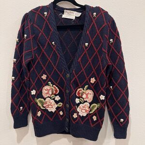 Women's Marisa Christina Blue Floral Embroidered Sweater Sz M Preppy Cottage